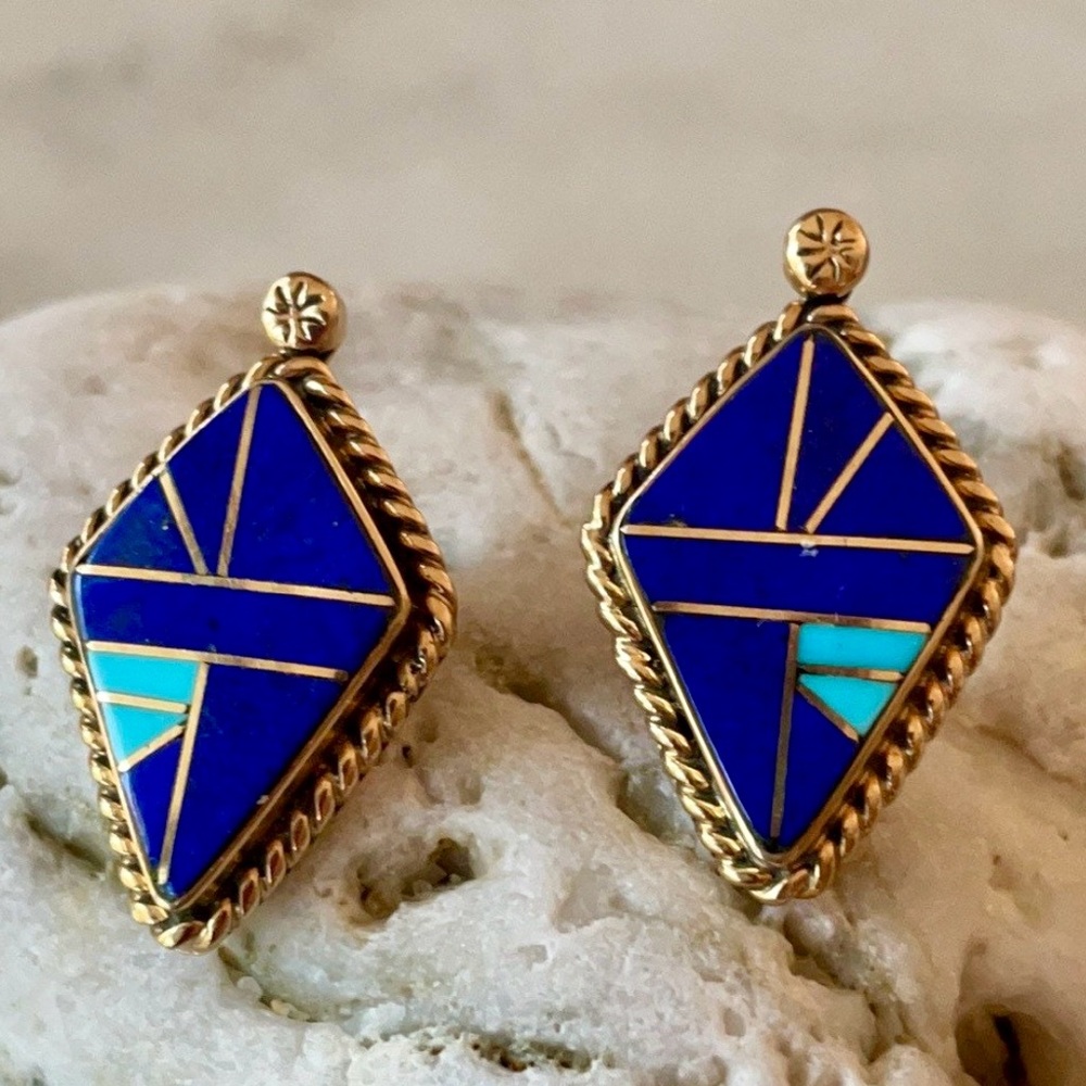 Vintage 14K Gold Lapis Turquoise Native American Earrings